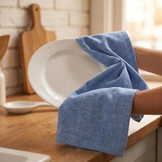 Urban Villa Kitchen Towels 100% Cotton Dish Towels for Kitchen(Set of 8) 20”x30” Dish Cloths Absorbent Kitchen Linen Set with Hanging Loop Perfect for Drying Dishes Cleaning Hand Towels – Blue White