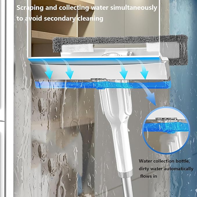 Spray Window Cleaning Squeegee Kit with Sewage Collector and 3 Pads, 4 in 1 Window Washer Squeegee Kit with Extension Pole Window Cleaner Tool for Indoor/Outdoor Windows,Car Glass
