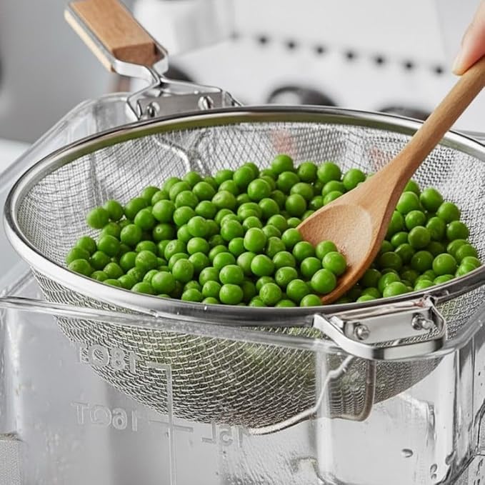 Soro Essentials- 12" Double Tinned Coarse Mesh Strainer with Reinforced Bands Pan Hook Wooden Handle- Food Sieve Strainer Kitchen Mesh Strainer Utensil for Cooking Rice Quinoa Pasta Fruits Vegetable