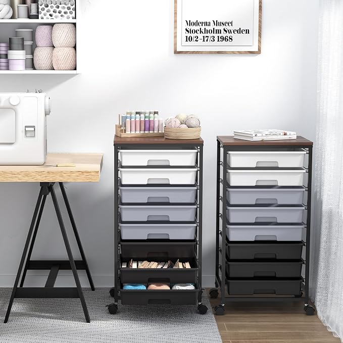 SYKIARIOL Rolling Cart with Drawers,Utility Cart With 8 Drawers and Wooden Tabletop for Living Room,Classroom,Bedroom,Bathroom,Dorm,Office,Dark Grey