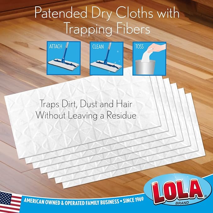 LOLA Wet & Dry Floor Mop Starter Kit Includes 1 Mop, 7 Dry Cloths, 3 Wet Cloths, Snap-in Handle Assembles to 48" Major Brand Comparable