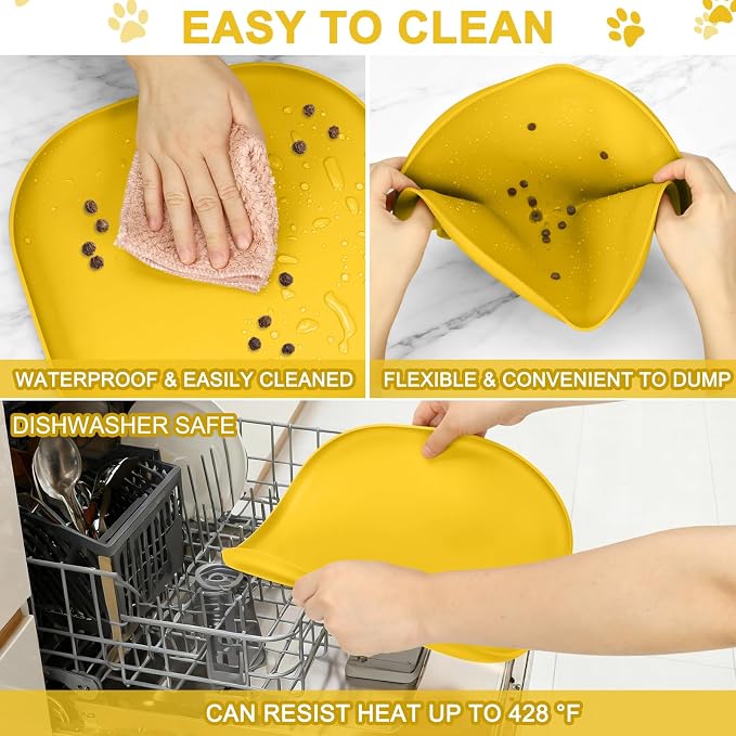 SMILOOL Waterproof Silicone Pet Food Mat with Raised Edge for Dog & Cat | 12" x 12" Non-Slip Small Pet Feeding Mats with Lip for Food & Water Bowl, Food Grade, Easy Cleaning, Vivid Yellow