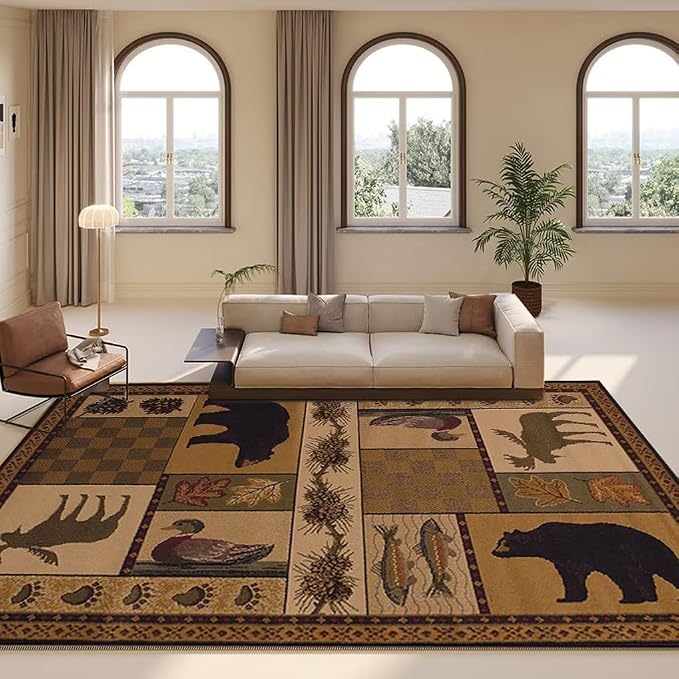Rustic Cabin Deer Rugs 3x5 Feet Lodge Bear Fish Area Rug for Hallway Laundry Room Bathroom Non-Slip Cabin Bear Indoor Decorative Carpet