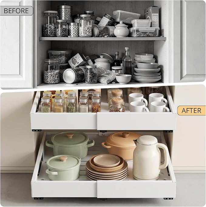 DOMNIU 2 Pack Pull Out Cabinet Organizers Expandable Width(12"-19") and Depth(17"-23"), Metal Slide Out Drawers, Upgrade 3 Slide Rails Sliding Drawer for Kitchen Cabinet Organizer, White