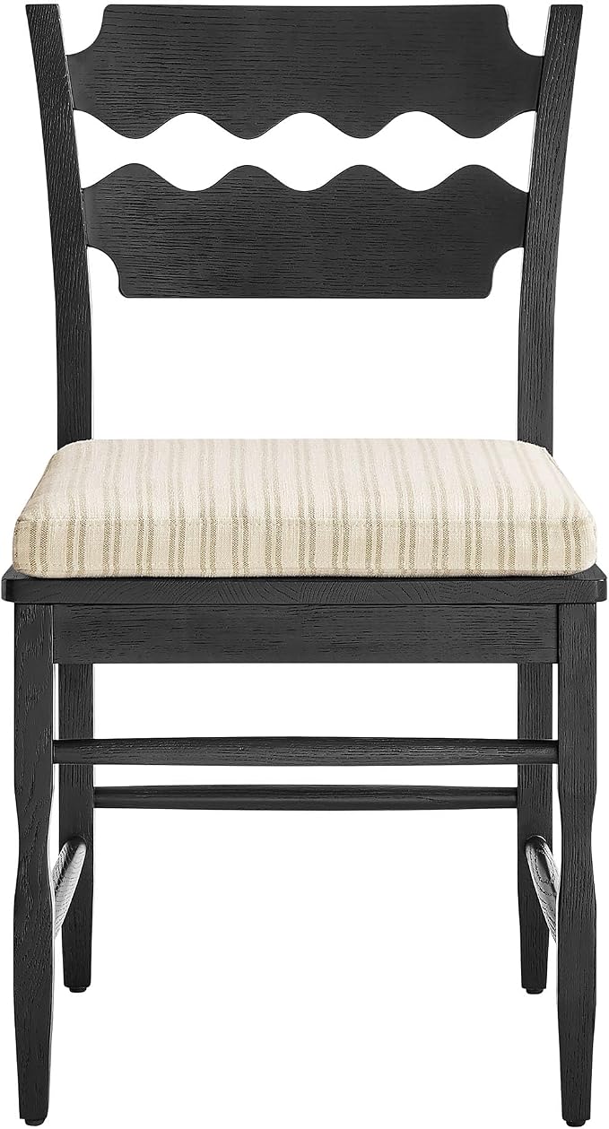 Modway Jax Vintage Inspired Oak Wood Dining Chair with Wavy Razor Back in Black Oatmeal Stripe - Armless Side Chair with Fabric Seat Cushion for Dining Room, Kitchen, Or Accent Seating