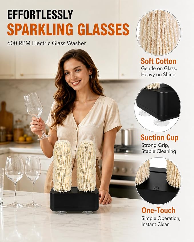 Wine Glass Cleaner Polisher Washer Machine for Home kitchen Sink with Eco-Friendly Brush Head Quick Polish&Clean Beer Whiskey Highball Glassware polishing kit 600 RPM