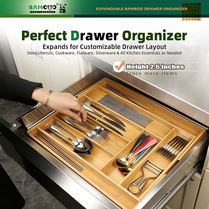 BAMOTTO CRAFTBAMBOO Expandable Bamboo Kitchen Drawer Organizer – Silverware Organizer, Utensil Holder & Cutlery Tray Drawer Dividers for Flatware (20"x16.9" Large Size, 8 Slot, Natural)
