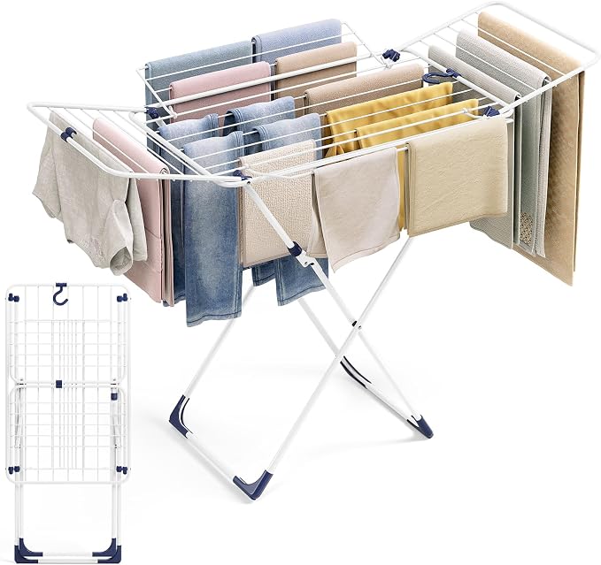 APEXCHASER Clothes Drying Rack, Metal Drying Rack Clothing, Laundry Rack Foldable, Space-Saving, Free-Standing Airer with 4 Gullwings, Indoor Outdoor Use, 55.12"*37.8"*17.52", White