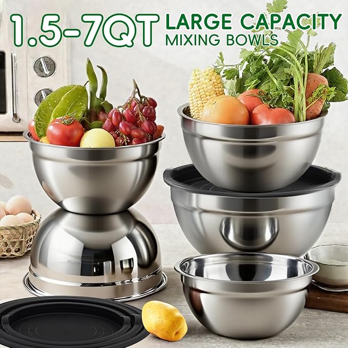WEPSEN Mixing Bowls Set, 25PCS Stainless Steel Mixing Bowl with Lid Set, Large Nesting Bowls 7, 4.5, 3,2, 1.5QT, Measuring Cups and Spoons Baking Utensils Metal Bowl for Kitchen Prep