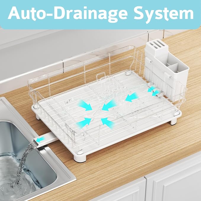 Dish Drying Rack for Kitchen Counter,12.8" W x 16.9" L,White | Space Saving Dish Rack, Self-Draining Drainboard, Rustproof Dish Drainer, Removable Utensil Holder