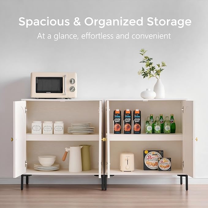 IFGET 92.63" W Modern Arched Sideboard Buffet Cabinet with Storage, White | Fluted Arch Sideboard Cabinet w/Adjustable Shelves, Wooden Modular Kitchen Cabinet for Dining& Living Room, Entryway