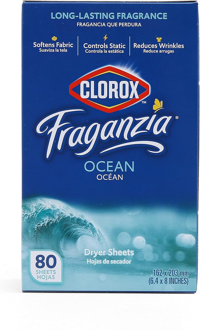 Clorox Fraganzia Fabric Softener Dryer Sheets Wrinkle Reducing Anti Static Laundry Dryer Sheets Great Smelling Clothes Softens Fabrics Fresh Ocean Scent 80 Count Single Box Home Dorm Laundry Room