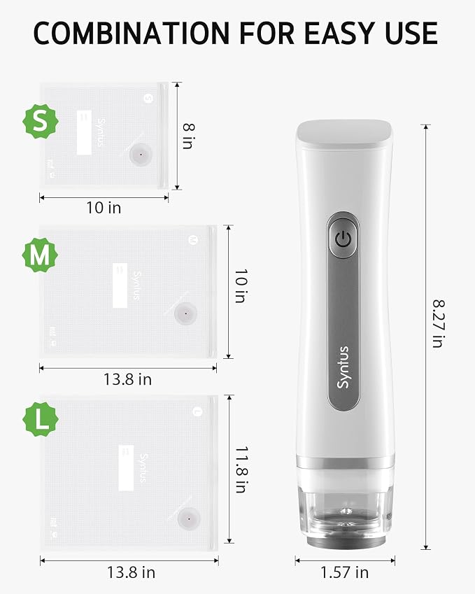 Syntus Compact Vacuum Sealer for Food with 30 Reusable Vacuum Seal Bags Set | 60kPa Suction Power, USB-C Charging Cable, Liquid-lock Tank, Upgraded Air Valve, Handheld Vacuum Pump