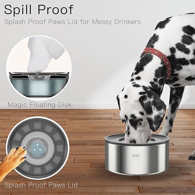 1Gallon No Spill Water Bowl for Dogs, Double-Wall Stainless Steel with Splash-Proof Paws Lid and Floating Disk, Non-Slip Base, Easy to Clean Slow Water Feeder for Large Medium Dogs
