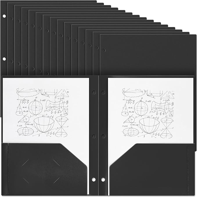 Yeaqee 50 Pcs Plastic Folders with Pockets Bulk 3 Hole Punched 2 Pocket File Folders for 3 Ring Binder Divider Folder for Notebooks, Durable Poly for Office Home (Black)