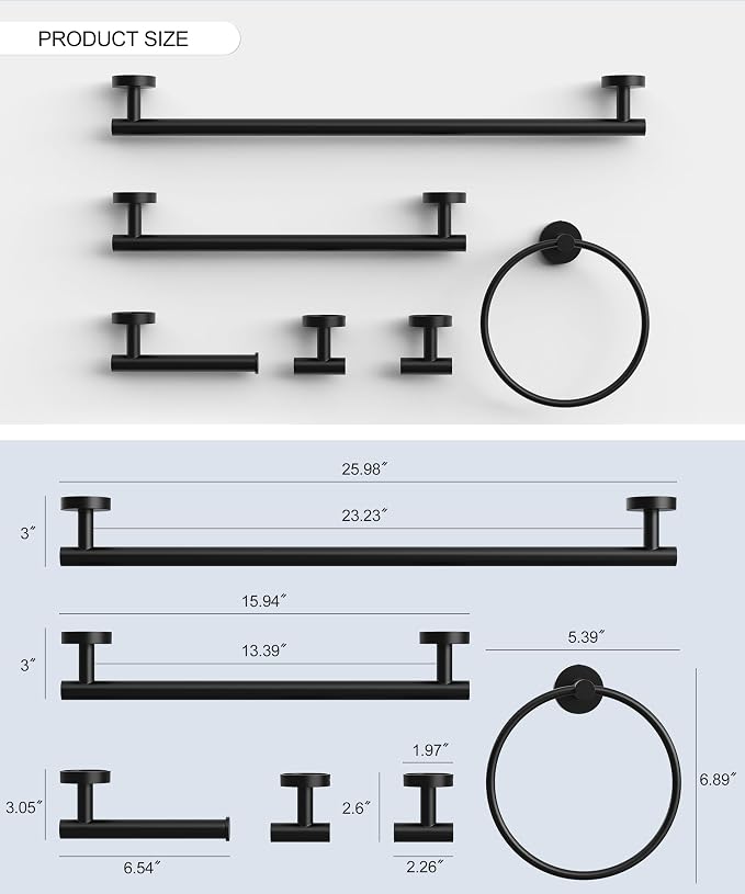 Matte Black Bathroom Hardware Accessories Set 6 Pcs Round Towel Rack and Toilet Paper Holder Set SUS304 Stainless Steel Towel Bar Set Wall Mounted by HOMEMYSTIQUE