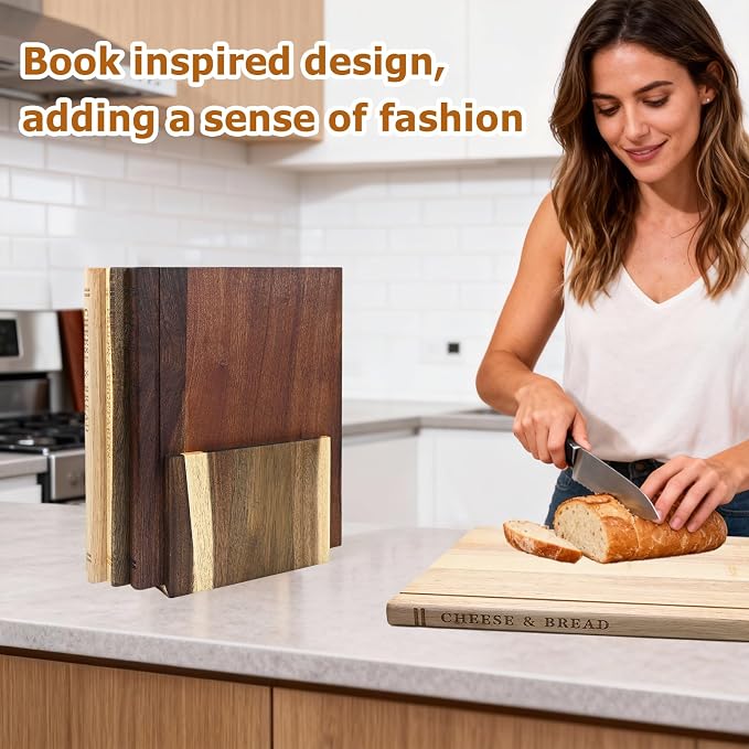 Acacia Wood Cutting Board Book Set, 3-Piece Decorative Chopping Boards with Stand | Book-Shaped Design| Dishwasher Safe for Easy Cleaning | Ideal for Meat, Vegetables | Unique Gift for Home Cooks