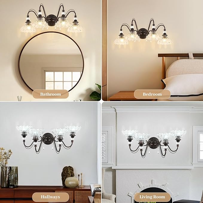 Vintage Bathroom Vanity Light, 4-Light Oil Rubbed Bronze Finish Wall Sconce with Hanging Crystal Accents and Flower-Shaped Clear Glass Shades, Retro Wall Mount Vanity Light Over Mirror for Bathroom