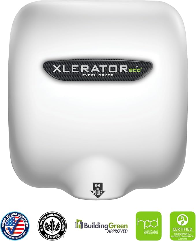 XLERATOReco XL-BW-ECO 1.1N High Speed Commercial Hand Dryer, Excel Dryer, White Thermoset Cover, Automatic Sensor, Surface Mount, Noise Reduction Nozzle, LEED Credits, No Heat 4.5 Amps 110/120V