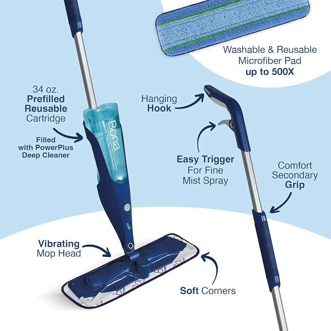 Bona PowerPlus Premium Motion Spray Mop for Hardwood Floors - Includes PowerPlus Hardwood Floor Cleaning Solution and PowerPlus Microfiber Cleaning Pad - Vibrating Spray Mop for Wood Floors