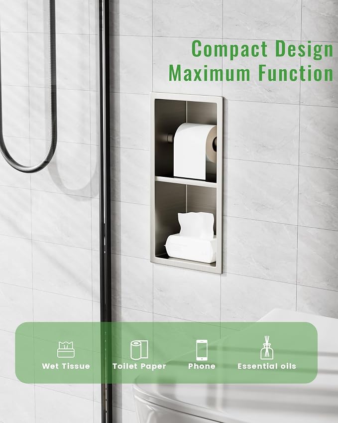 Recessed Toilet Paper Holder, Stainless Steel Tissue Roll Holder Wall Mount for Bathroom Space Saving Design, in Wall Toilet Paper Dispenser Insert, Brushed Nickel