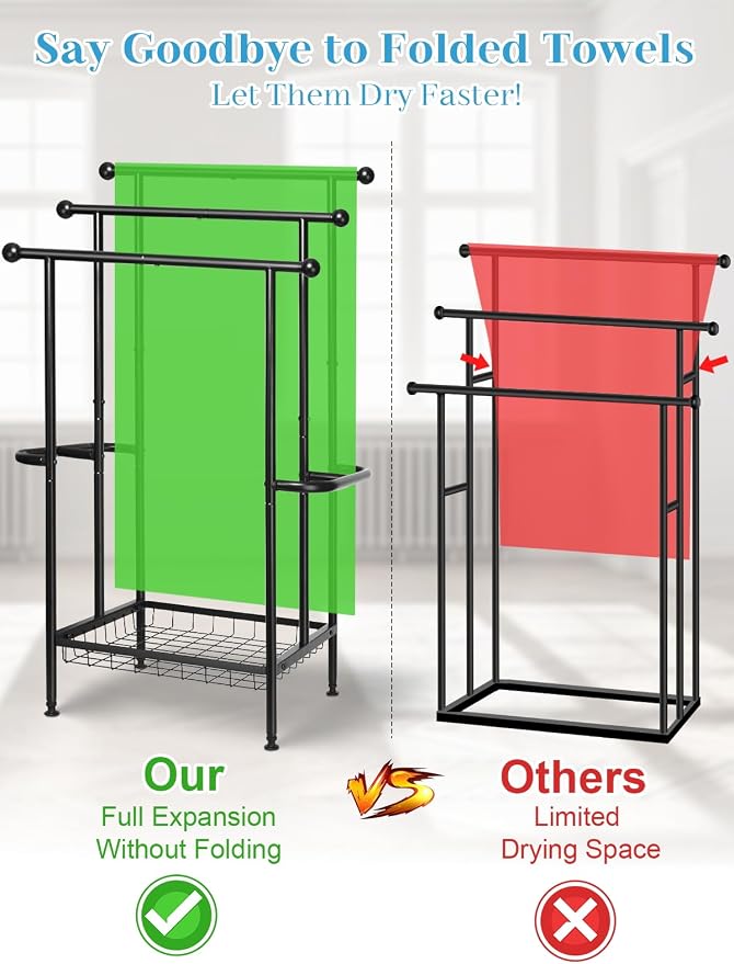 Freestanding Towel Rack for Bathroom, Pool & Outdoor, 3-Tier 39" Metal | Rust-resistant metal towel drying rack with storage basket, designed for oversized towels 24.4" L x 13" W x 39" H