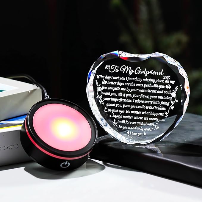 Crystal Heart Gifts for Girlfriend from Boyfriend with Colorful LED Base, Personalized Gift for Her Who Has Everything on Birthday Valentine's Day, Romantic Anniversary Christmas Gift Ideas to My Girl