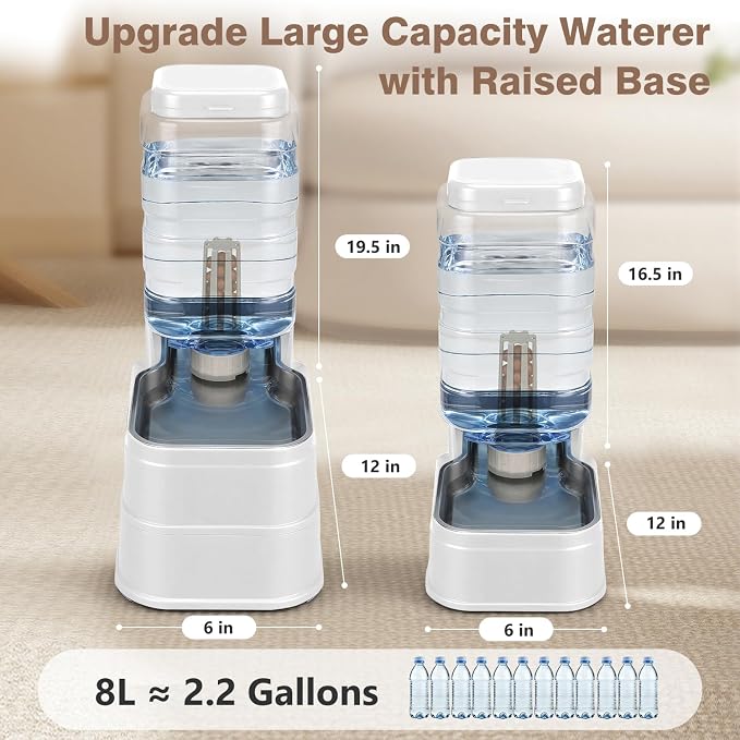 2.2 Gallon Pet Automatic Dog Water Dispenser Cat Gravity Waterer Feeder with Stainless Steel Bowl Large Capacity Puppy Feeding Raised Bowls with Filter,Ice Pack