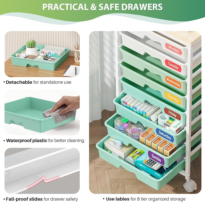 Goovilla Rolling Cart with Drawers, Utility Cart Organizer With 8 Removable Drawers and Wooden Tabletop, Lockable Rolling Storage Organizer for Art, Classroom, Home, Dorm, Office, Craft Storage, Green