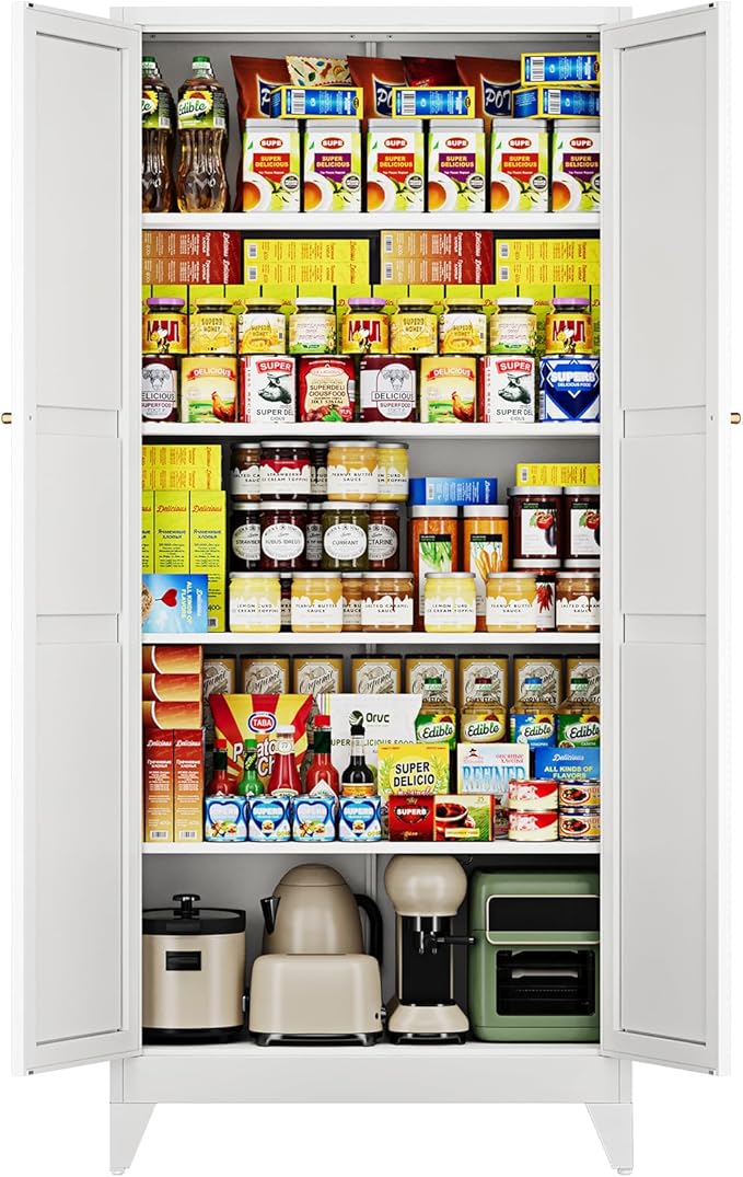 75" H Metal Storage Cabinet with 2 Doors and 4 Shelves,Tall Kitchen Pantry Cabinets,Farmhouse Utility Pantry Organizers for Cupboard/Dining/Bathroom/Home Office/Garage Room,White
