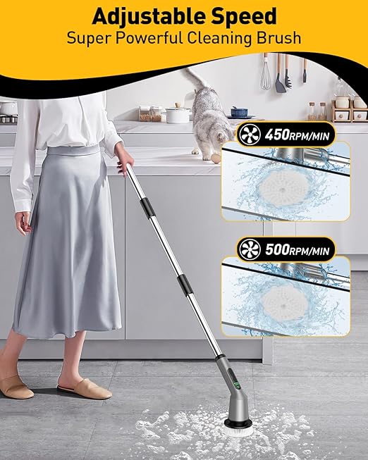 Shower Scrubber with Long Handle, Shower Cleaner Brush with 8 Floor Machine Pads, Cordless Electric Spin Scrubber for Cleaning with 2 Speed, Cleaning Supplies for Bathroom Bathtub Kitchen Floor Toilet