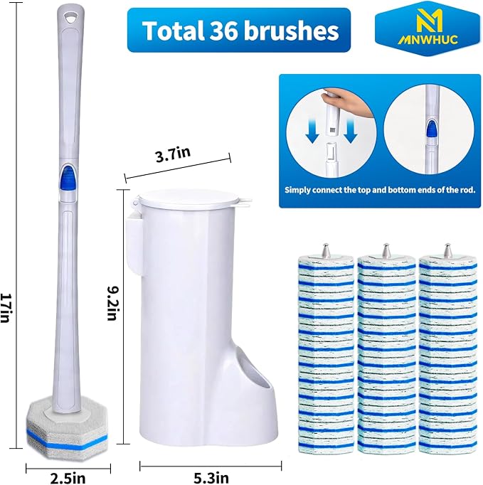 Disposable Toilet Brush,Toilet Bowl Cleaner,Wall Mounted Toilet Bowl Brush with 36 Refills for Deep Toilet Cleaning,Toilet Brush and Holder Set for Hygienic Bathroom Maintenance(White)