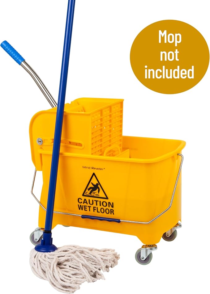 Mind Reader Mop Bucket with Wringer (Mop Not Included), 5.5 Gallon Cleaning Bucket with Wheels and Handle, Upward Press Wringer, Small Mop Compatible, Yellow