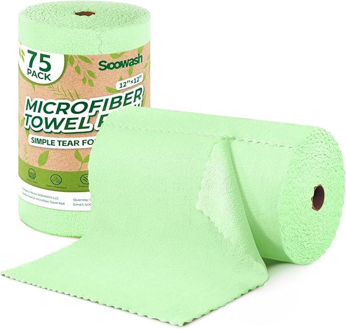 Microfiber Cleaning Cloths Roll, 75 Pack Tear Away Microfiber Towels Roll, 12" x 12" Lint Free Rags, Reusable Cleaning Cloths, Washable, Scratch Free,Ultra Absorbent Dish Rags(Green)