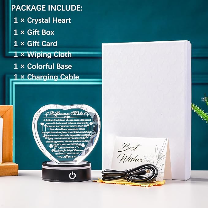 YWHL Difference Maker Plaque Gift with Colorful LED Base Thank You Appreciation Gifts for Coworker Boss Teachers Employee Mentor Leader Crystal Motivational Difference Maker Plaque Gifts for Women Men