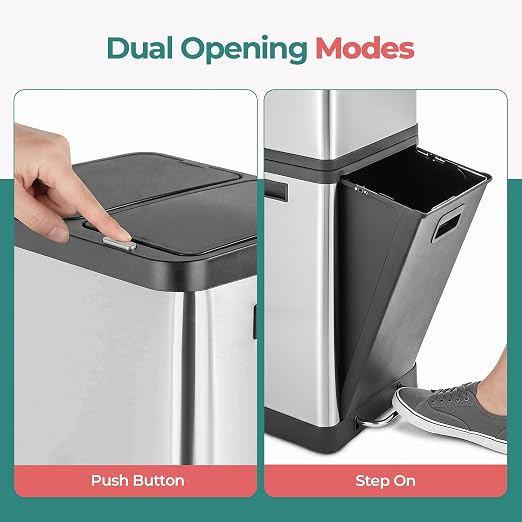 HOLDN’ STORAGE 36L Triple-Compartment Trash & Recycling Bin for Kitchen, Multi-Access Opening, Odor Control, Stainless Steel, 3 Trash Bag Rolls Included