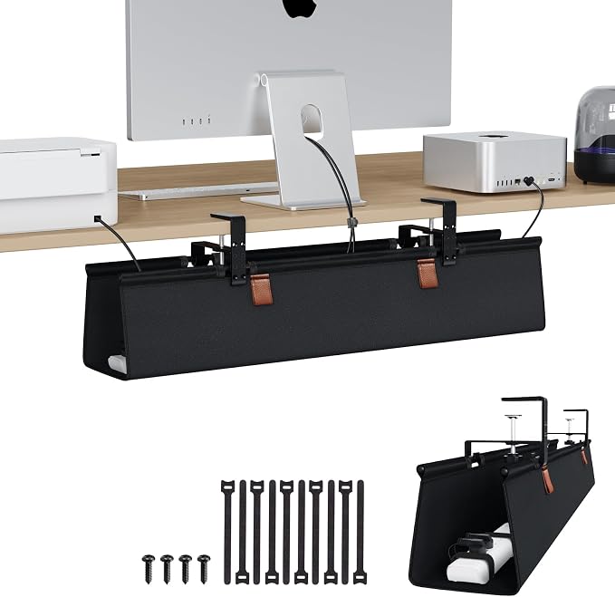 Zilink No Drill Under Desk Cable Management Tray 30" Cord Organizer for Table Clamp/Screw Mount Desk Cable Management Sturdy Waterproof Fabric Cord Hiders for Office, Home