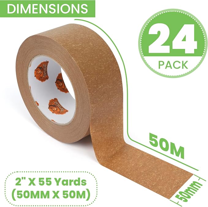 TAPEBEAR Eco-Friendly Kraft Paper Tape with Dispenser, Biodegradable Heavy Duty Packing Tape 2Inch x 55Yard, Recyclable Packaging Tape Self Adhesive Box Tape for Shipping, Sealing, Moving, 24Rolls