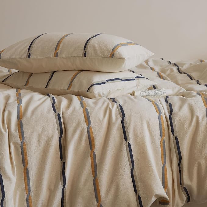 mixinni Cotton Linen Jacquard Duvet Cover Set King, 3-Piece Mid-Century Modern Bedding, Vintage Striped Bohemian Duvet Cover with 2 Pillowcases, All-Season Breathable Comforter Cover-King Size