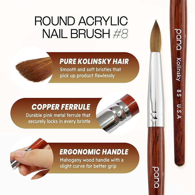 pana USA Acrylic Nail Brush100% Pure Kolinsky Hair Mahogany Wood Handle with Silver Ferrule Round Shaped Style (Size # 8, Mahogany)