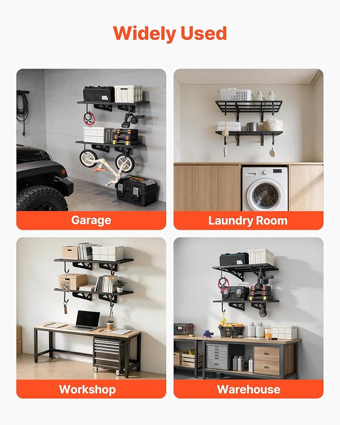 VEVOR 2-Pack Heavy Duty Garage Wall Shelving, 2 x 3 ft Steel Wall Mounted Shelving Unit with Hooks, 24 x 36 Inch Per Shelf Floating Storage Metal Rack for Garage, 500 lbs Total Weight Capacity