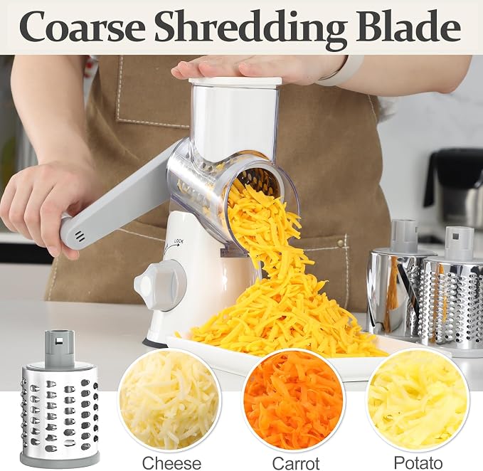 Cambom Rotary Cheese Grater Hand Crank Cheese Shredder for Fresh Cheese, Vegetable, Nuts,Non-slip Suction Base, Five Blades, White