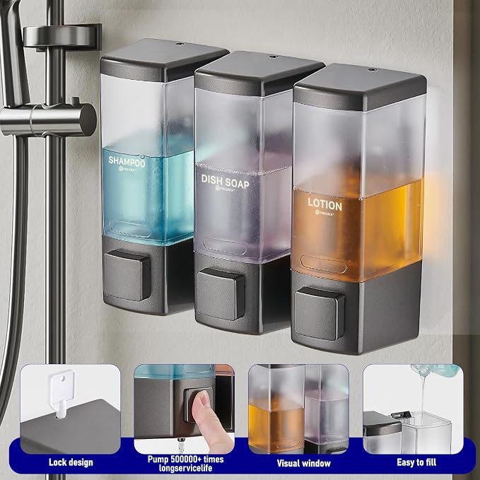 Pollock Shampoo and Conditioner Dispenser 3 Chamber * 500ML | Shower Soap Dispenser Wall Mounted, Body Wash Dispenser No Drill, Refillable Shower Dispenser for Bathroom