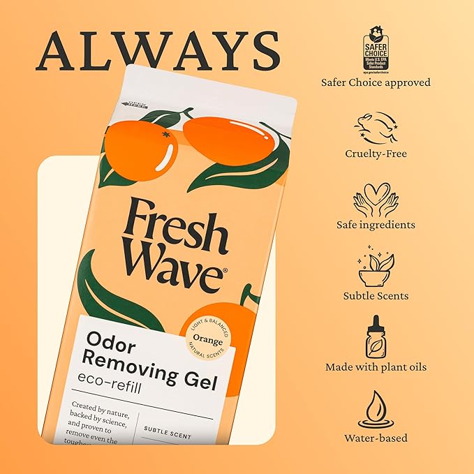 Fresh Wave Odor Removing Gel Eco-Refill, 63 oz. Orange Scent | 2 Empty Refillable Glass Jars | 2 Room Set