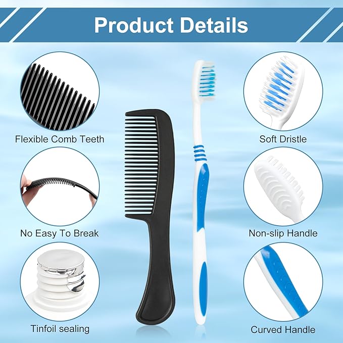 Travel Toothbrush Kit Bulk Disposable Toothbrush with Toothpaste Set with Mouthwash,Toothpaste,Shaver,Shaving Cream,Comb,Zip Bag,Floss Picks,Toothbrushes for Homeless Travel (100)