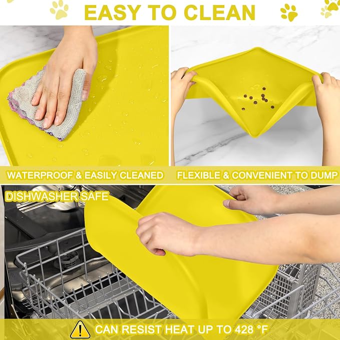 SMILOOL Waterproof Silicone Pet Food Mat with Raised Edge for Dog & Cat | 22" x 14" Non-Slip Pet Feeding Mats with Lip for Food & Water Bowl, Food Grade, Easy Cleaning, Light Yellow