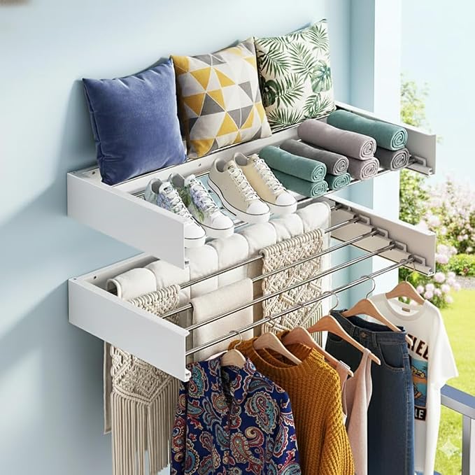 Wall Mounted Clothes Drying Rack 31.5" Foldable, 60 lb for Laundry & Apt | Carbon Steel & Stainless Steel, 60 lb, Rust-Resistant, Fits Brick/Wood, Folds 3" Deep, for Apt, RV, Laundry