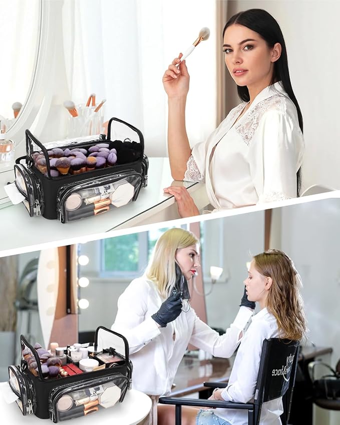 TANTO Makeup Brush Case, Clear Extra Large Cosmetic Organizer Holder Professional Makeup Artist Train Case with Adjustable Dividers&Strap Portable Makeup Brush Holder (02A-Black（XX Large）)