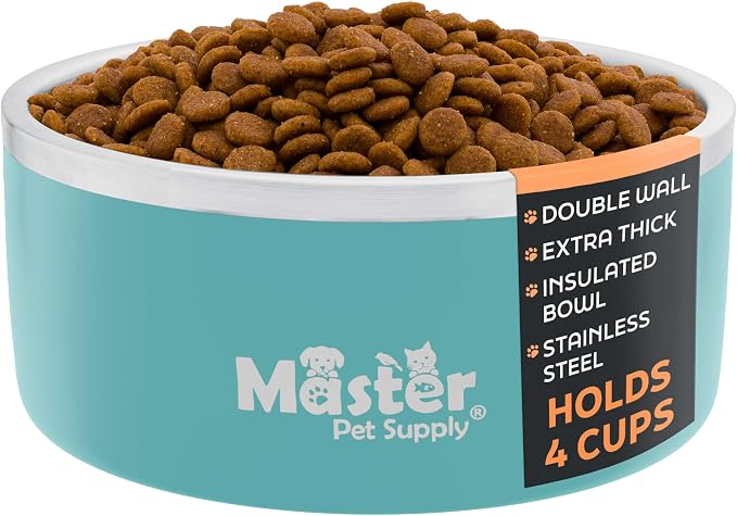 Master Pet Supply Stainless Steel Dog Bowls - 32 oz, Heavy Duty - Aqua Sky, Double Wall Extra-Thick Insulated, Non-Slip Pet Water Bowl for Dogs, Cats & Pets, Anti Rust Metal, Dish Washer Safe