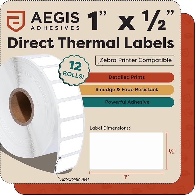 Aegis Adhesives - 1" X 0.5" Direct Thermal Labels (28800 Count, 12 Rolls) - Barcode Stickers, FNSKU Labels, Small Item Identification - Compatible with Zebra Printers, NOT Rollo Compatible